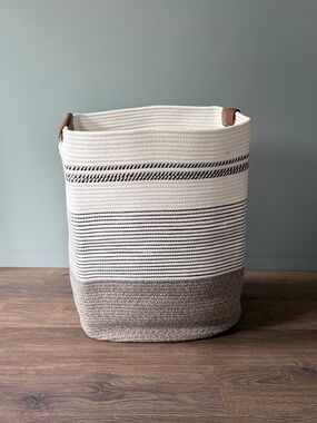 Woven Striped Cotton Rope Storage Basket with Leather Handles - Cream and Gray